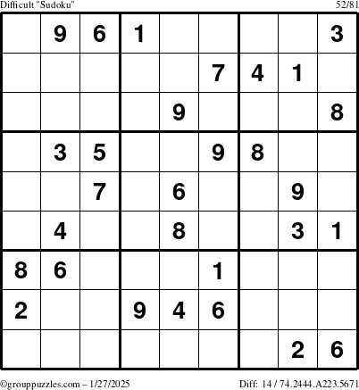 The grouppuzzles.com Difficult Sudoku puzzle for Monday January 27, 2025