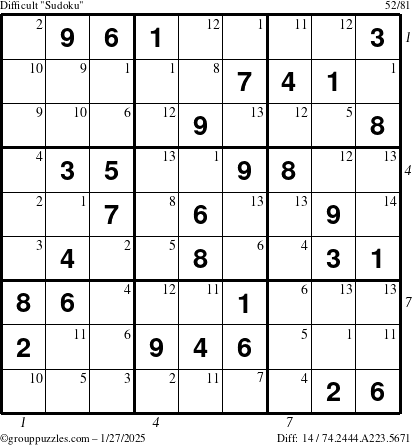 The grouppuzzles.com Difficult Sudoku puzzle for Monday January 27, 2025 with all 14 steps marked