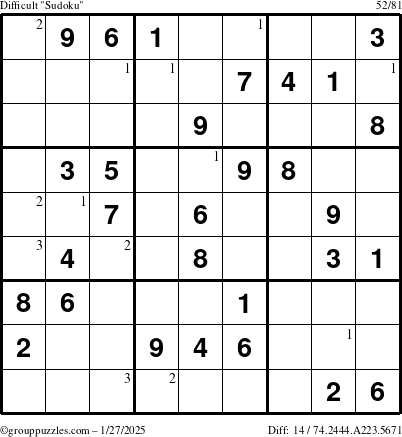 The grouppuzzles.com Difficult Sudoku puzzle for Monday January 27, 2025 with the first 3 steps marked