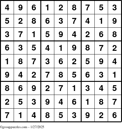 The grouppuzzles.com Answer grid for the Sudoku puzzle for Monday January 27, 2025