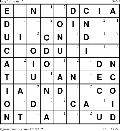 The grouppuzzles.com Easy Education-c1 puzzle for Monday January 27, 2025 with the first 3 steps marked