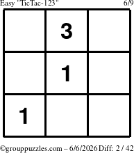 The grouppuzzles.com Easy TicTac-123 puzzle for Saturday June 6, 2026