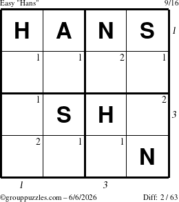 The grouppuzzles.com Easy Hans puzzle for Saturday June 6, 2026, suitable for printing, with all 2 steps marked