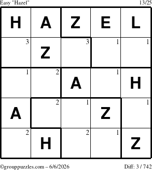 The grouppuzzles.com Easy Hazel puzzle for Saturday June 6, 2026 with the first 3 steps marked