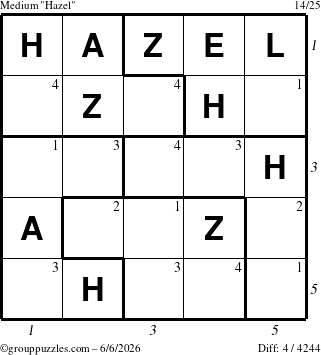 The grouppuzzles.com Medium Hazel puzzle for Saturday June 6, 2026, suitable for printing, with all 4 steps marked