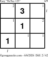 The grouppuzzles.com Easy TicTac-123 puzzle for Saturday June 6, 2026, suitable for printing, with all 2 steps marked