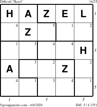 The grouppuzzles.com Difficult Hazel puzzle for Saturday June 6, 2026, suitable for printing, with all 5 steps marked