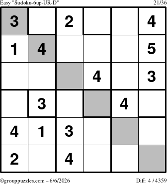 The grouppuzzles.com Easy Sudoku-6up-UR-D puzzle for Saturday June 6, 2026