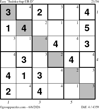 The grouppuzzles.com Easy Sudoku-6up-UR-D puzzle for Saturday June 6, 2026, suitable for printing, with all 4 steps marked