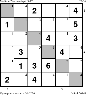 The grouppuzzles.com Medium Sudoku-6up-UR-D puzzle for Saturday June 6, 2026 with all 4 steps marked