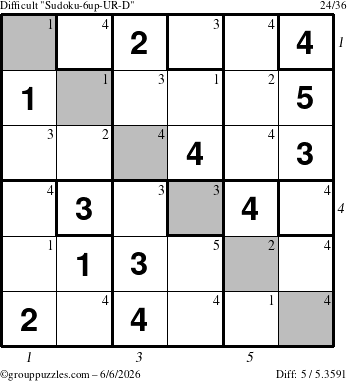 The grouppuzzles.com Difficult Sudoku-6up-UR-D puzzle for Saturday June 6, 2026 with all 5 steps marked