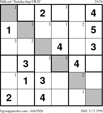 The grouppuzzles.com Difficult Sudoku-6up-UR-D puzzle for Saturday June 6, 2026 with the first 3 steps marked