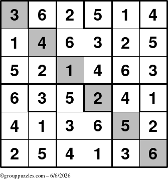The grouppuzzles.com Answer grid for the Sudoku-6up-UR-D puzzle for Saturday June 6, 2026