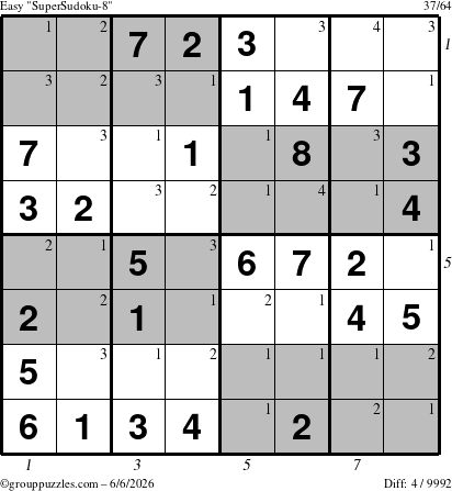 The grouppuzzles.com Easy SuperSudoku-8 puzzle for Saturday June 6, 2026 with all 4 steps marked