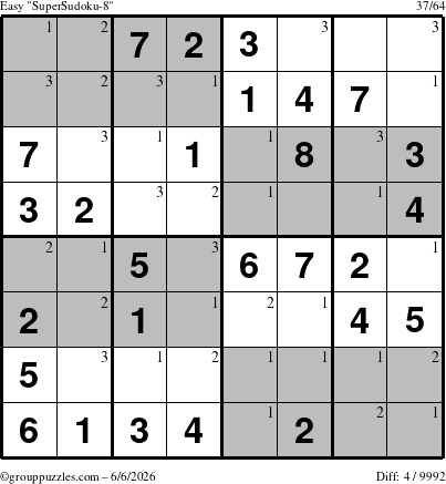 The grouppuzzles.com Easy SuperSudoku-8 puzzle for Saturday June 6, 2026 with the first 3 steps marked