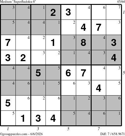 The grouppuzzles.com Medium SuperSudoku-8 puzzle for Saturday June 6, 2026 with all 7 steps marked