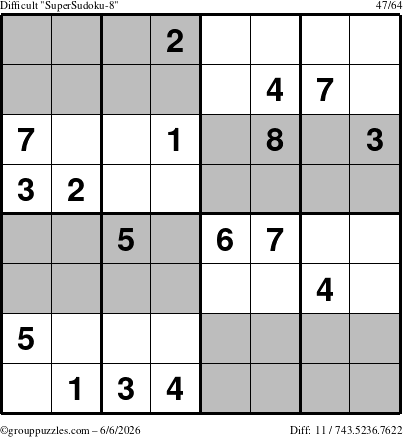The grouppuzzles.com Difficult SuperSudoku-8 puzzle for Saturday June 6, 2026