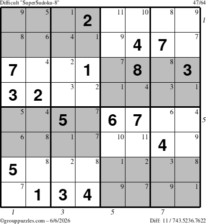 The grouppuzzles.com Difficult SuperSudoku-8 puzzle for Saturday June 6, 2026 with all 11 steps marked