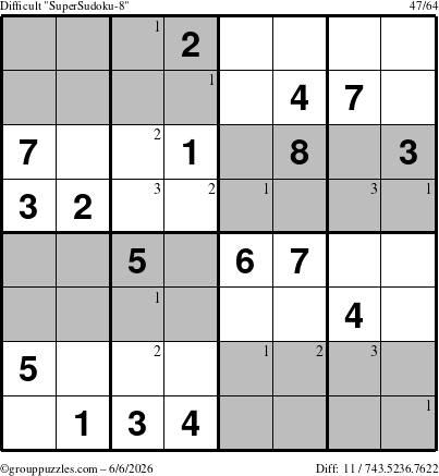 The grouppuzzles.com Difficult SuperSudoku-8 puzzle for Saturday June 6, 2026 with the first 3 steps marked
