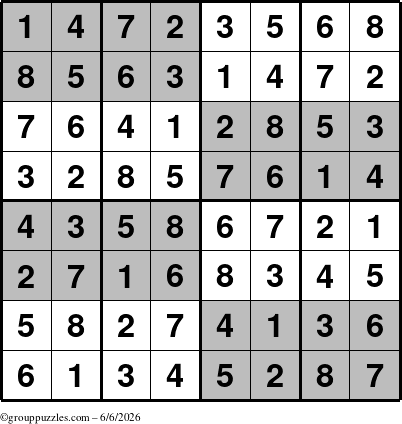 The grouppuzzles.com Answer grid for the SuperSudoku-8 puzzle for Saturday June 6, 2026