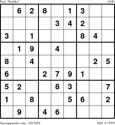 The grouppuzzles.com Easy Sudoku puzzle for Saturday June 6, 2026