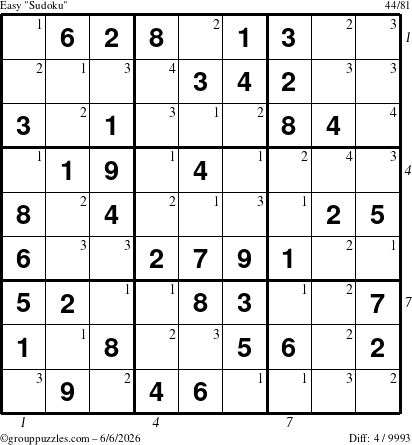 The grouppuzzles.com Easy Sudoku puzzle for Saturday June 6, 2026, suitable for printing, with all 4 steps marked