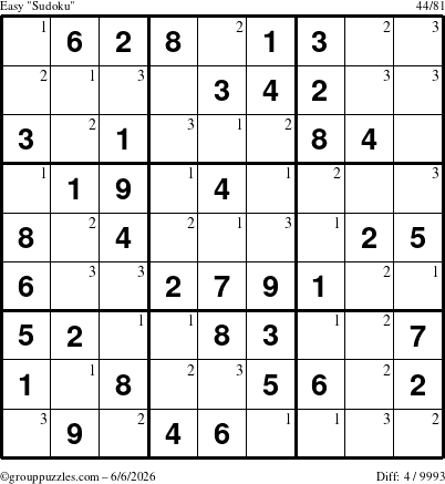 The grouppuzzles.com Easy Sudoku puzzle for Saturday June 6, 2026 with the first 3 steps marked