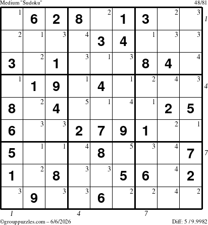 The grouppuzzles.com Medium Sudoku puzzle for Saturday June 6, 2026, suitable for printing, with all 5 steps marked