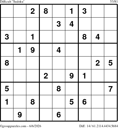 The grouppuzzles.com Difficult Sudoku puzzle for Saturday June 6, 2026