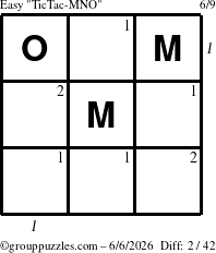 The grouppuzzles.com Easy TicTac-MNO puzzle for Saturday June 6, 2026 with all 2 steps marked