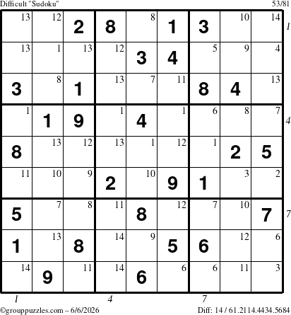 The grouppuzzles.com Difficult Sudoku puzzle for Saturday June 6, 2026, suitable for printing, with all 14 steps marked