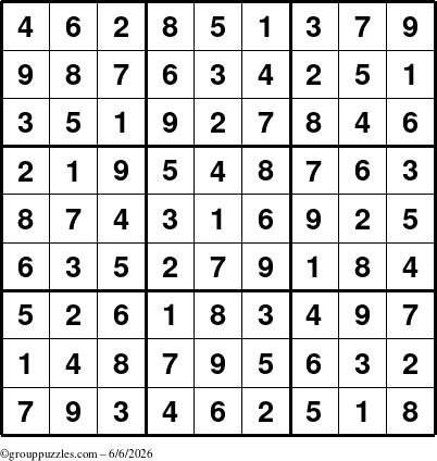The grouppuzzles.com Answer grid for the Sudoku puzzle for Saturday June 6, 2026