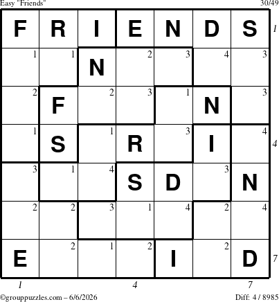 The grouppuzzles.com Easy Friends puzzle for Saturday June 6, 2026 with all 4 steps marked