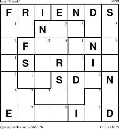 The grouppuzzles.com Easy Friends puzzle for Saturday June 6, 2026 with the first 3 steps marked