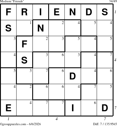 The grouppuzzles.com Medium Friends puzzle for Saturday June 6, 2026 with all 7 steps marked