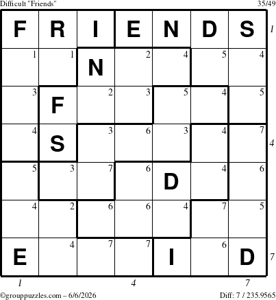 The grouppuzzles.com Difficult Friends puzzle for Saturday June 6, 2026 with all 7 steps marked