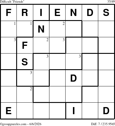 The grouppuzzles.com Difficult Friends puzzle for Saturday June 6, 2026 with the first 3 steps marked