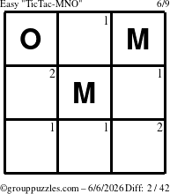 The grouppuzzles.com Easy TicTac-MNO puzzle for Saturday June 6, 2026 with the first 2 steps marked