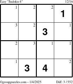 The grouppuzzles.com Easy Sudoku-4 puzzle for Saturday January 4, 2025 with the first 3 steps marked