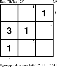 The grouppuzzles.com Easy TicTac-123 puzzle for Saturday January 4, 2025 with all 2 steps marked