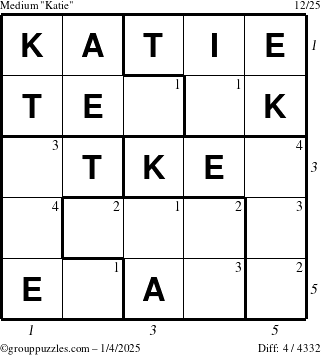 The grouppuzzles.com Medium Katie puzzle for Saturday January 4, 2025 with all 4 steps marked