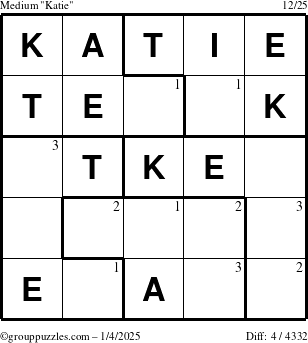 The grouppuzzles.com Medium Katie puzzle for Saturday January 4, 2025 with the first 3 steps marked