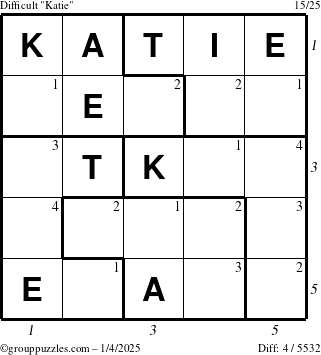 The grouppuzzles.com Difficult Katie puzzle for Saturday January 4, 2025 with all 4 steps marked