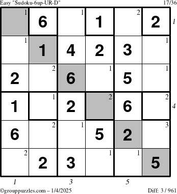 The grouppuzzles.com Easy Sudoku-6up-UR-D puzzle for Saturday January 4, 2025 with all 3 steps marked