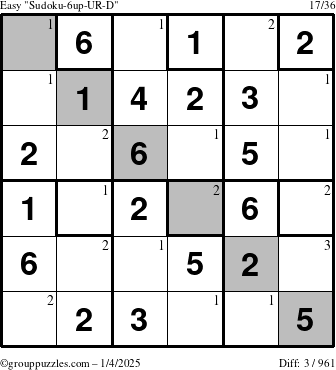 The grouppuzzles.com Easy Sudoku-6up-UR-D puzzle for Saturday January 4, 2025 with the first 3 steps marked