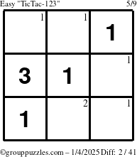 The grouppuzzles.com Easy TicTac-123 puzzle for Saturday January 4, 2025 with the first 2 steps marked