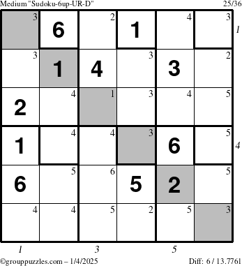 The grouppuzzles.com Medium Sudoku-6up-UR-D puzzle for Saturday January 4, 2025, suitable for printing, with all 6 steps marked