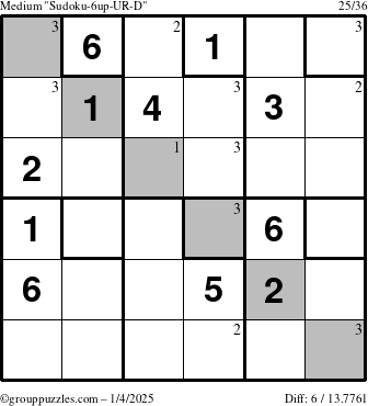 The grouppuzzles.com Medium Sudoku-6up-UR-D puzzle for Saturday January 4, 2025 with the first 3 steps marked