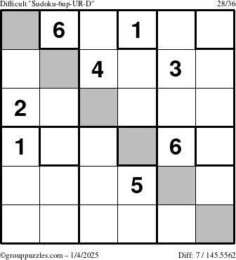 The grouppuzzles.com Difficult Sudoku-6up-UR-D puzzle for Saturday January 4, 2025