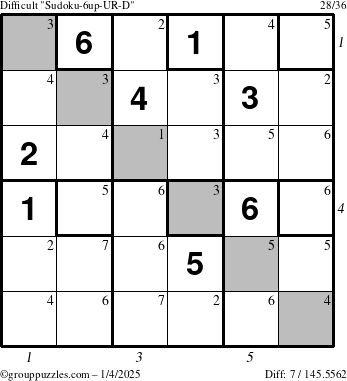 The grouppuzzles.com Difficult Sudoku-6up-UR-D puzzle for Saturday January 4, 2025 with all 7 steps marked